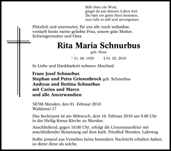 Traueranzeige von Rita Maria Schnurbus von WESTFÄLISCHER ANZEIGER
