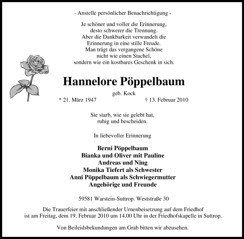  Traueranzeige für Hannelore Pöppelbaum vom 16.02.2010 aus WESTFÄLISCHER ANZEIGER