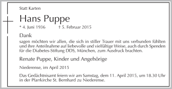 Traueranzeige von Hans Puppe von MZV