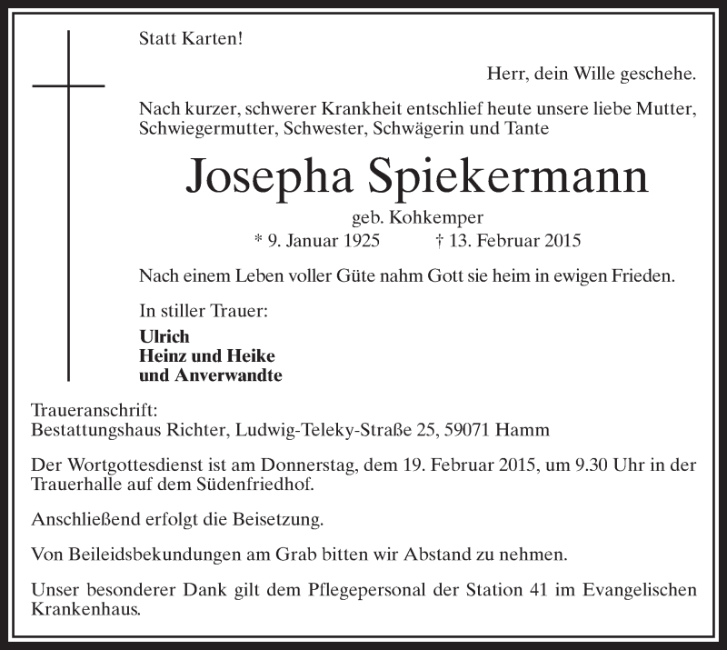 Traueranzeige für Josepha Spiekermann vom 14.02.2015 aus MZV