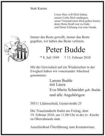 Traueranzeige von Peter Budde von WESTFÄLISCHER ANZEIGER