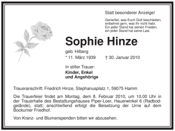 Traueranzeige von Sophie Hinze von WESTFÄLISCHER ANZEIGER