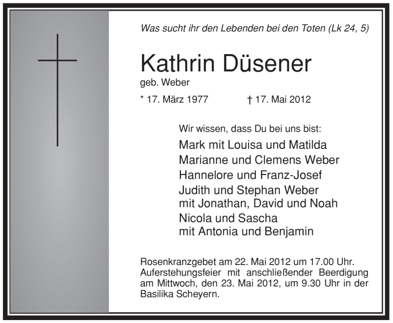  Traueranzeige für Kathrin Düsener vom 22.05.2012 aus WESTFÄLISCHER ANZEIGER