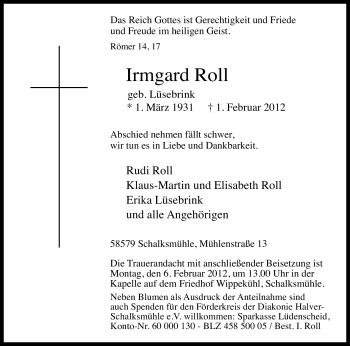 Traueranzeige von Irmgard Roll von WESTFÄLISCHER ANZEIGER