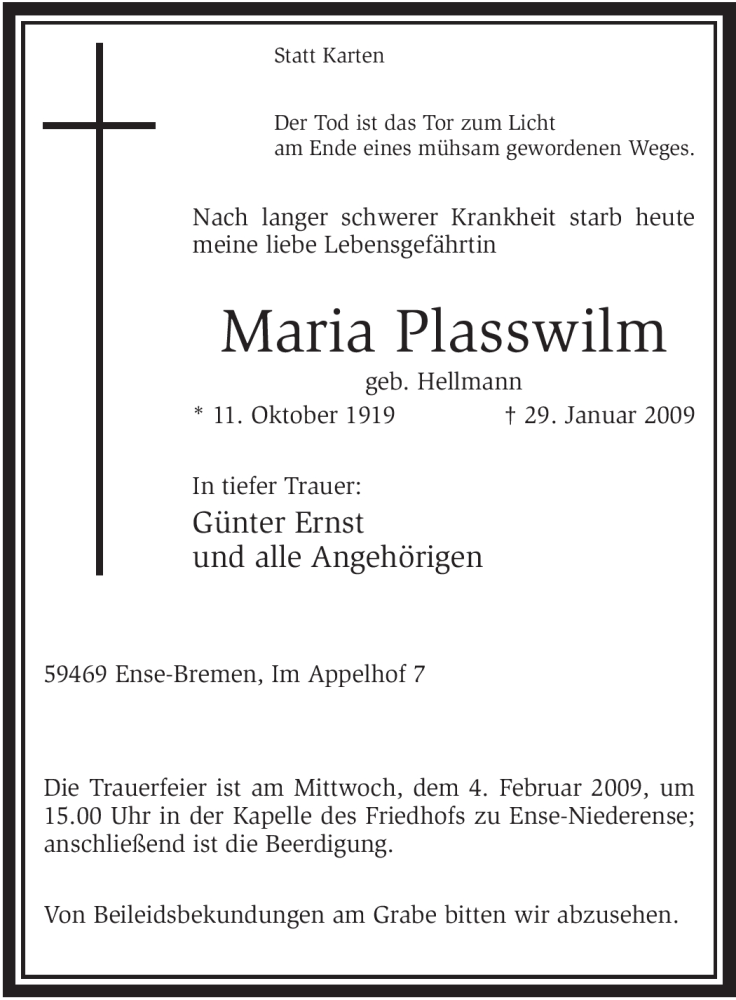  Traueranzeige für Maria Plasswilm vom 31.01.2009 aus WESTFÄLISCHER ANZEIGER