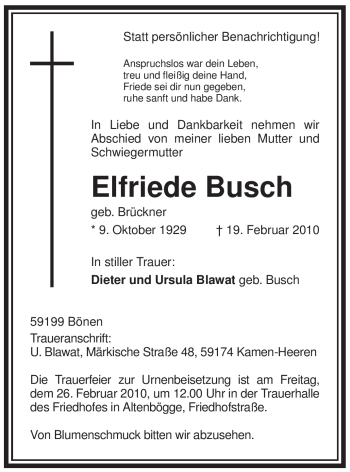 Traueranzeige von Elfriede Busch von WESTFÄLISCHER ANZEIGER