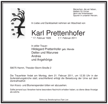 Traueranzeige von Karl Prettenhofer von WESTFÄLISCHER ANZEIGER