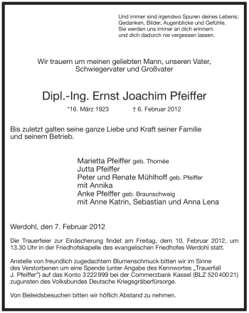 Traueranzeige von Ernst Joachim Pfeiffer von WESTFÄLISCHER ANZEIGER