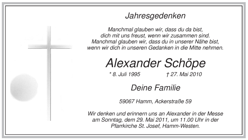  Traueranzeige für Alexander Schöpe vom 27.05.2011 aus WESTFÄLISCHER ANZEIGER