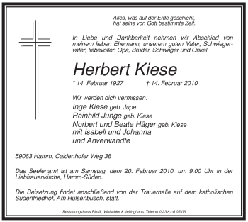 Traueranzeige von Herbert Kiese von WESTFÄLISCHER ANZEIGER