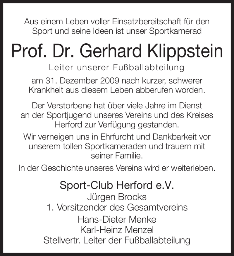  Traueranzeige für Gerhard Klippstein vom 06.01.2010 aus WESTFÄLISCHER ANZEIGER