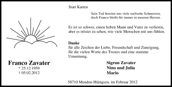 Traueranzeige von Franco Zavater von WESTFÄLISCHER ANZEIGER