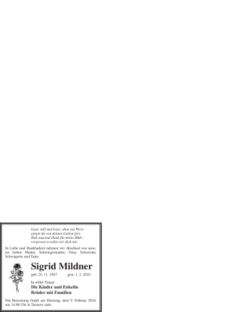 Traueranzeige von Sigrid Mildner von WESTFÄLISCHER ANZEIGER