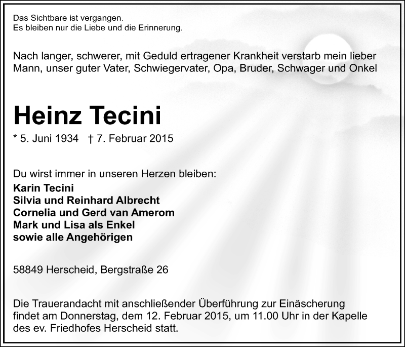  Traueranzeige für Heinz Tecini vom 10.02.2015 aus MZV