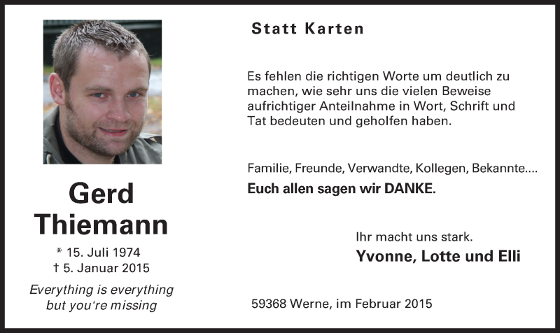  Traueranzeige für Gerd Thiemann vom 07.02.2015 aus MZV