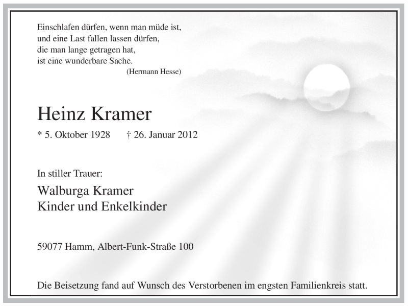  Traueranzeige für Heinz Kramer vom 03.02.2012 aus WESTFÄLISCHER ANZEIGER
