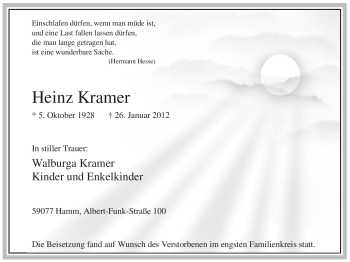 Traueranzeige von Heinz Kramer von WESTFÄLISCHER ANZEIGER