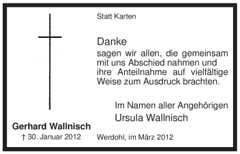 Traueranzeige von Gerhard Wallnisch von WESTFÄLISCHER ANZEIGER