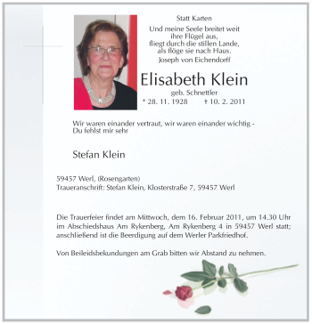 Traueranzeige von Elisabeth Klein von WESTFÄLISCHER ANZEIGER