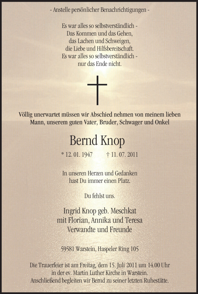  Traueranzeige für Bernd Knop vom 13.07.2011 aus WESTFÄLISCHER ANZEIGER