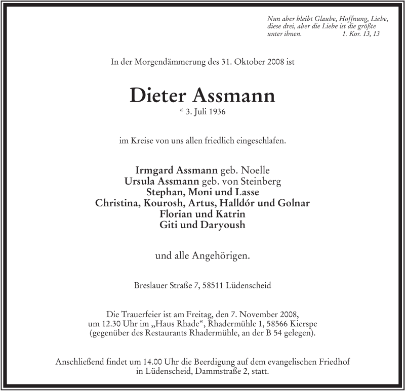  Traueranzeige für Dieter Assmann vom 03.11.2008 aus WESTFÄLISCHER ANZEIGER