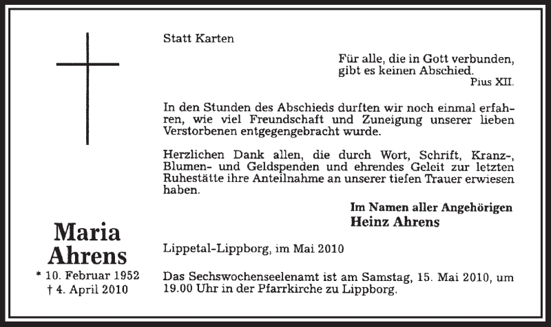  Traueranzeige für Maria Ahrens vom 08.05.2010 aus WESTFÄLISCHER ANZEIGER