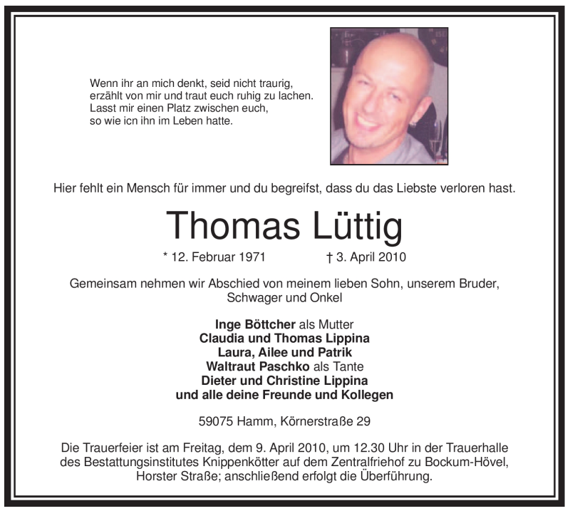  Traueranzeige für Thomas Lüttig vom 08.04.2010 aus WESTFÄLISCHER ANZEIGER