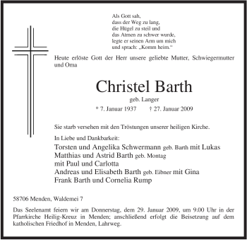 Traueranzeige von Christel Barth von WESTFÄLISCHER ANZEIGER