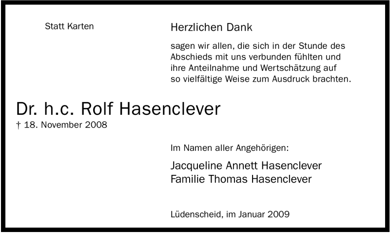  Traueranzeige für Rolf Hasenclever vom 17.01.2009 aus WESTFÄLISCHER ANZEIGER