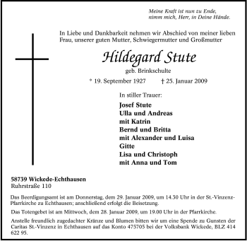Traueranzeige von Hildegard Stute von WESTFÄLISCHER ANZEIGER