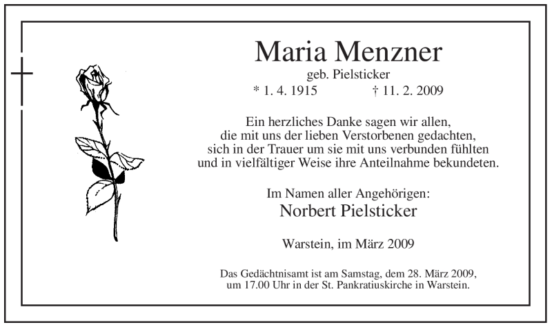  Traueranzeige für Maria Menzner vom 21.03.2009 aus WESTFÄLISCHER ANZEIGER