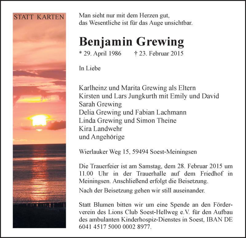 Traueranzeige für Benjamin Grewing vom 25.02.2015 aus MZV