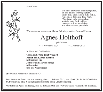 Traueranzeige von Agnes Holthoff von WESTFÄLISCHER ANZEIGER