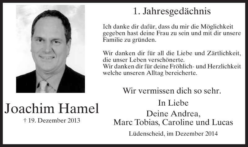  Traueranzeige für Joachim Hamel vom 19.12.2014 aus MZV