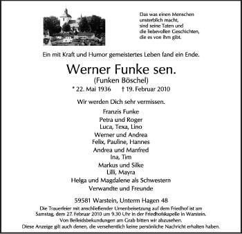Traueranzeige von Werner Funke von WESTFÄLISCHER ANZEIGER