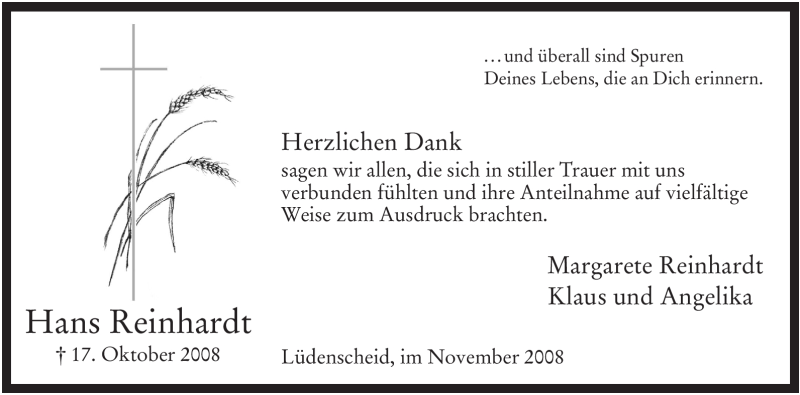  Traueranzeige für Hans Reinhardt vom 29.11.2008 aus WESTFÄLISCHER ANZEIGER