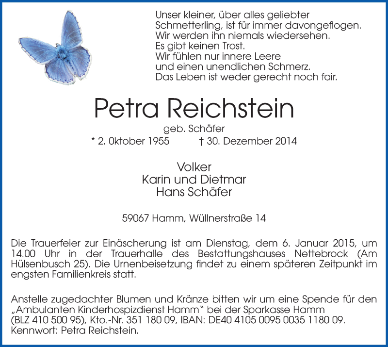  Traueranzeige für Petra Reichstein vom 03.01.2015 aus MZV