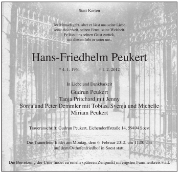 Traueranzeige von Hans-Friedhelm Peukert von WESTFÄLISCHER ANZEIGER