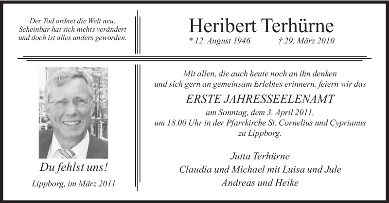  Traueranzeige für Heribert Terhürne vom 26.03.2011 aus WESTFÄLISCHER ANZEIGER