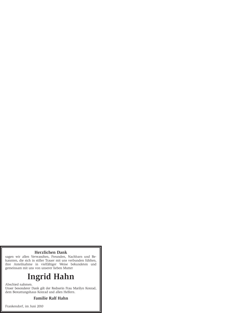  Traueranzeige für Ingrid Hahn vom 10.07.2010 aus WESTFÄLISCHER ANZEIGER