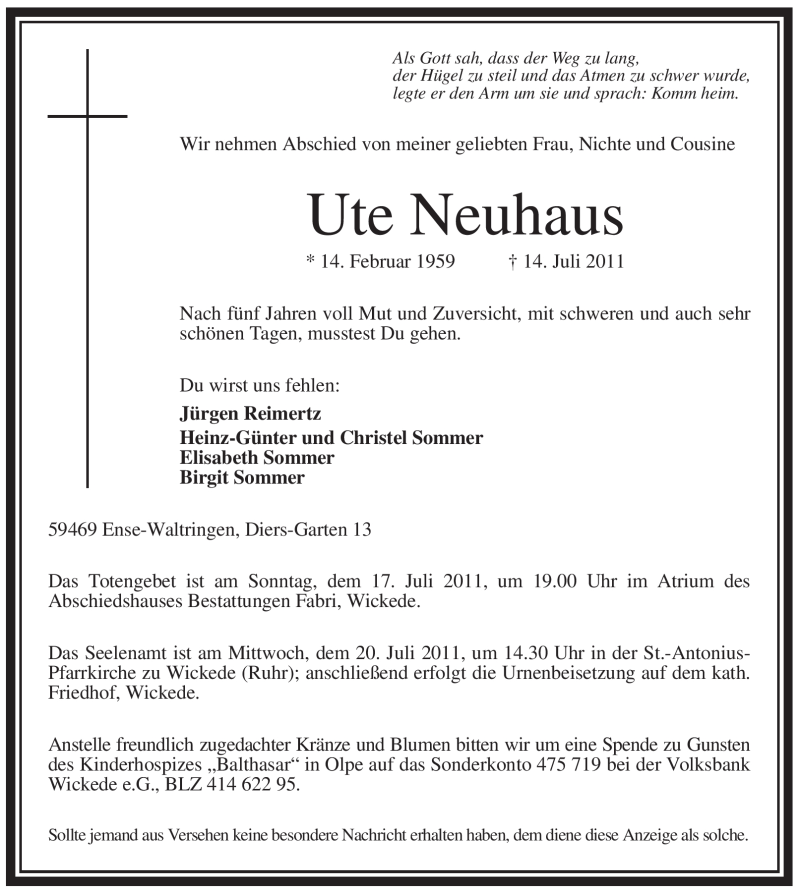  Traueranzeige für Ute Neuhaus vom 15.07.2011 aus WESTFÄLISCHER ANZEIGER