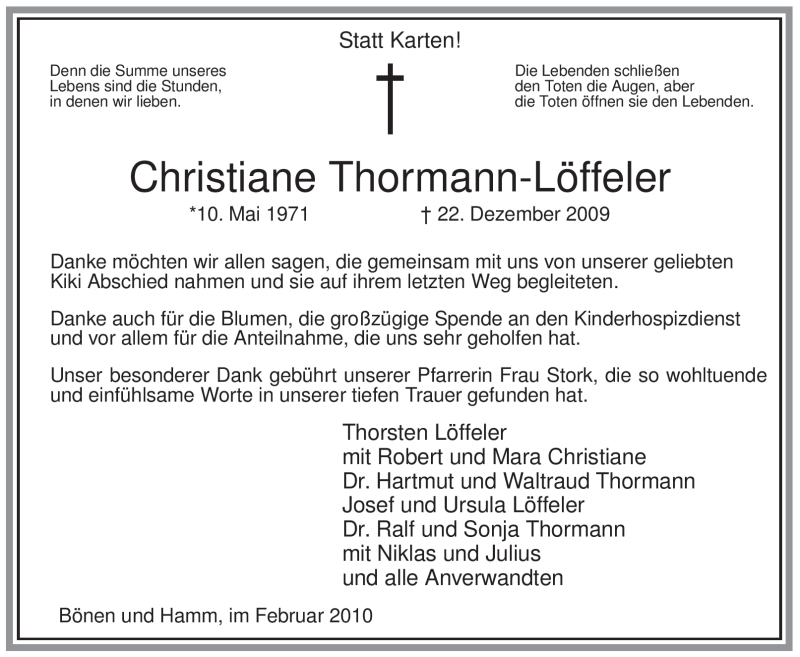  Traueranzeige für Christiane Thormann-Löffeler vom 27.02.2010 aus WESTFÄLISCHER ANZEIGER