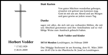 Traueranzeige von Herbert Vedder von WESTFÄLISCHER ANZEIGER