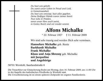 Traueranzeige von Alfons Michalke von WESTFÄLISCHER ANZEIGER