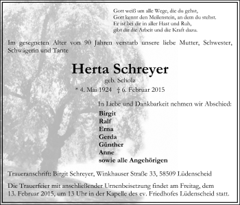 Traueranzeige von Herta Schreyer von MZV