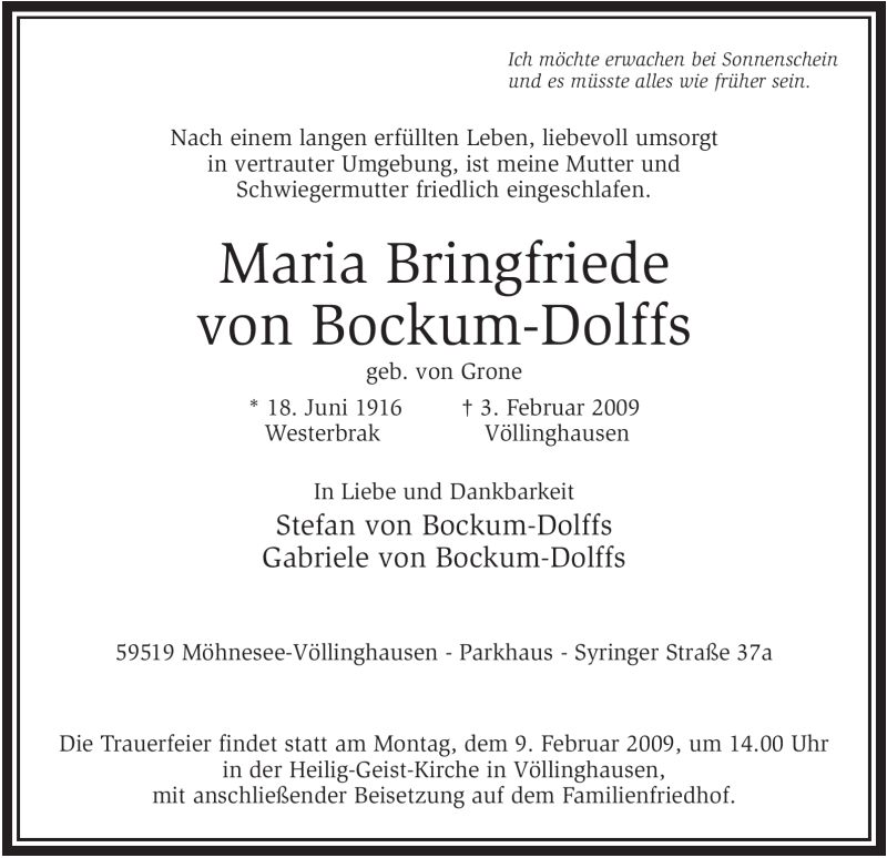  Traueranzeige für Maria Bringfriede Bockum-Dolffs vom 05.02.2009 aus WESTFÄLISCHER ANZEIGER