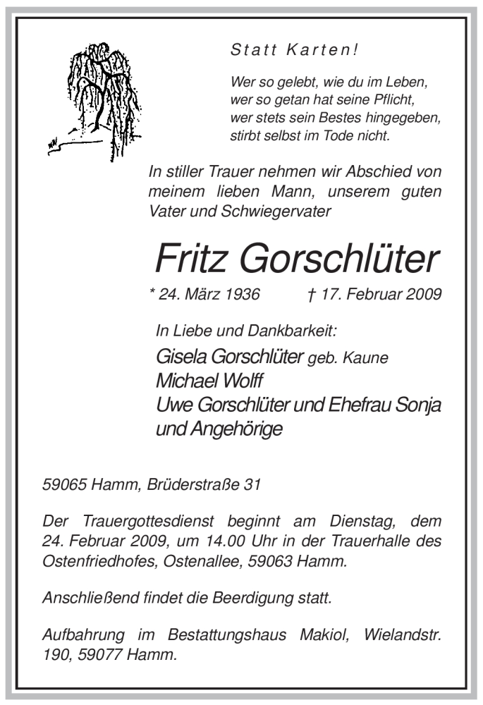  Traueranzeige für Fritz Gorschlüter vom 20.02.2009 aus WESTFÄLISCHER ANZEIGER