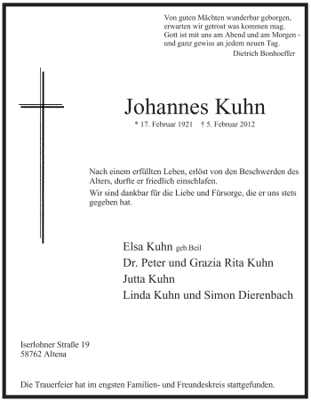 Traueranzeige von Johannes Kuhn von WESTFÄLISCHER ANZEIGER