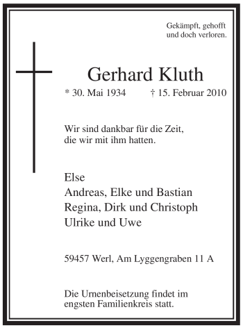 Traueranzeige von Gerhard Kluth von WESTFÄLISCHER ANZEIGER