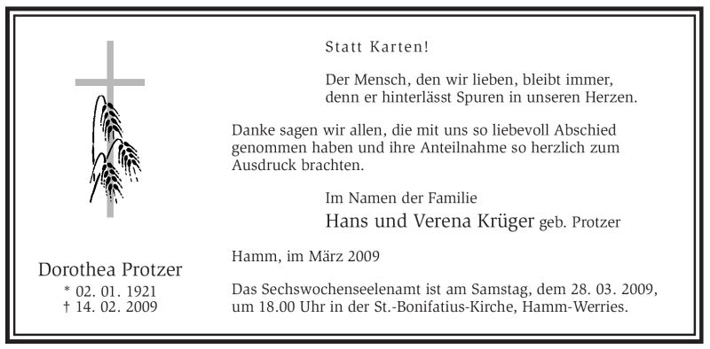  Traueranzeige für Dorothea Protzer vom 24.03.2009 aus WESTFÄLISCHER ANZEIGER